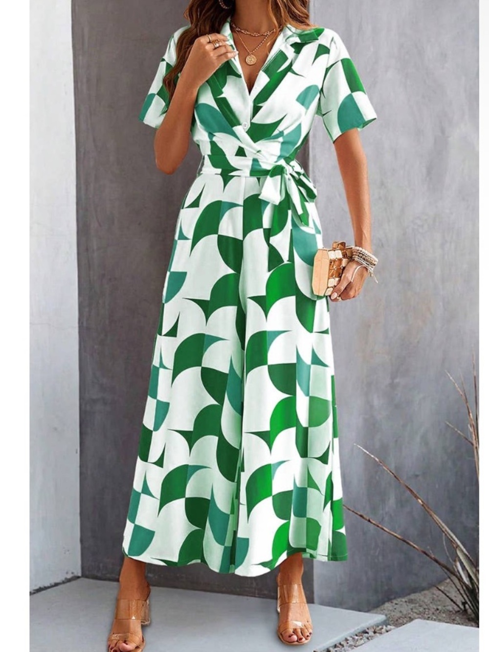 1147.  Green and White Geometric Wrap Maxi Dress - Women's